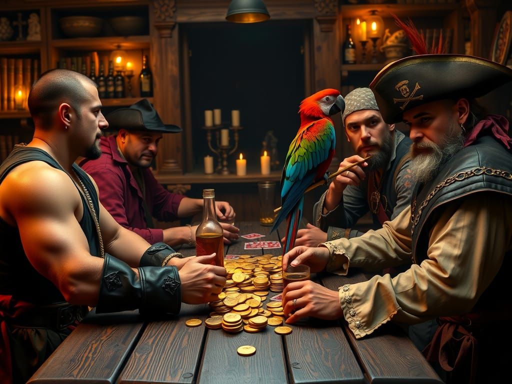 Muscular Pirates Gather in Medieval Tavern