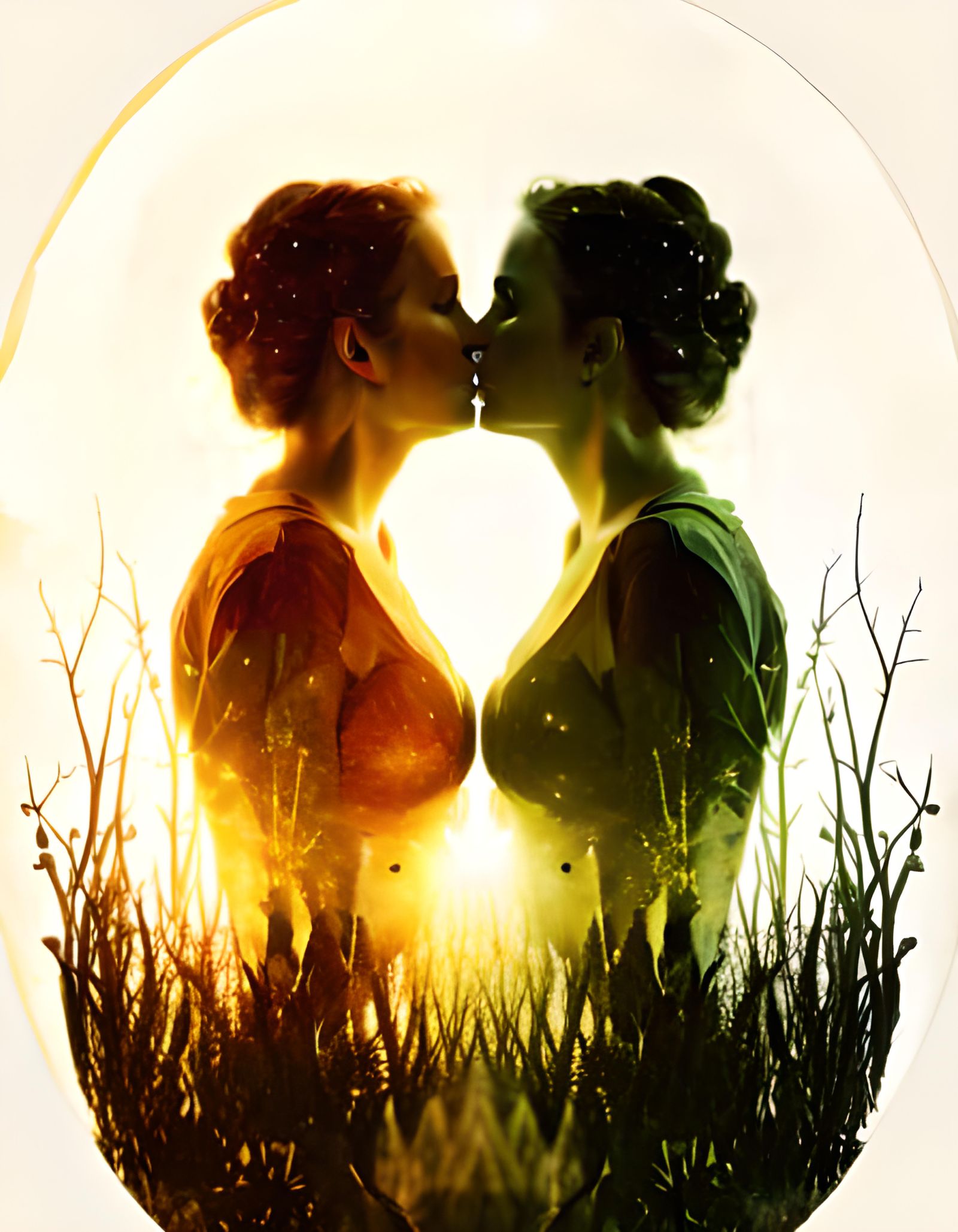 Vibrant Double Exposed Couple Kissing Over a Rainbow-Lit Lak...