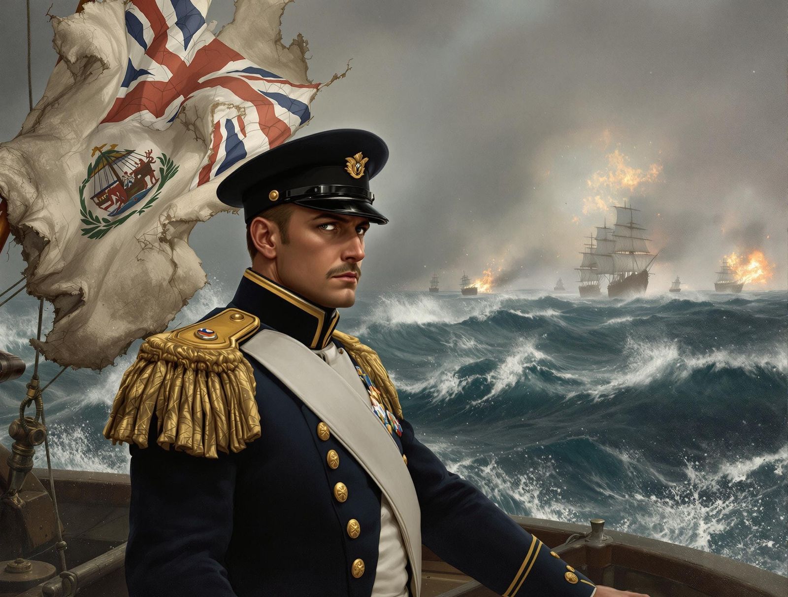 Naval Officer Charges into Battle at the Helm of a Warship