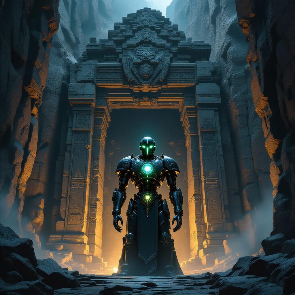 Obsidian Automaton Guards Ancient Temple Entrance