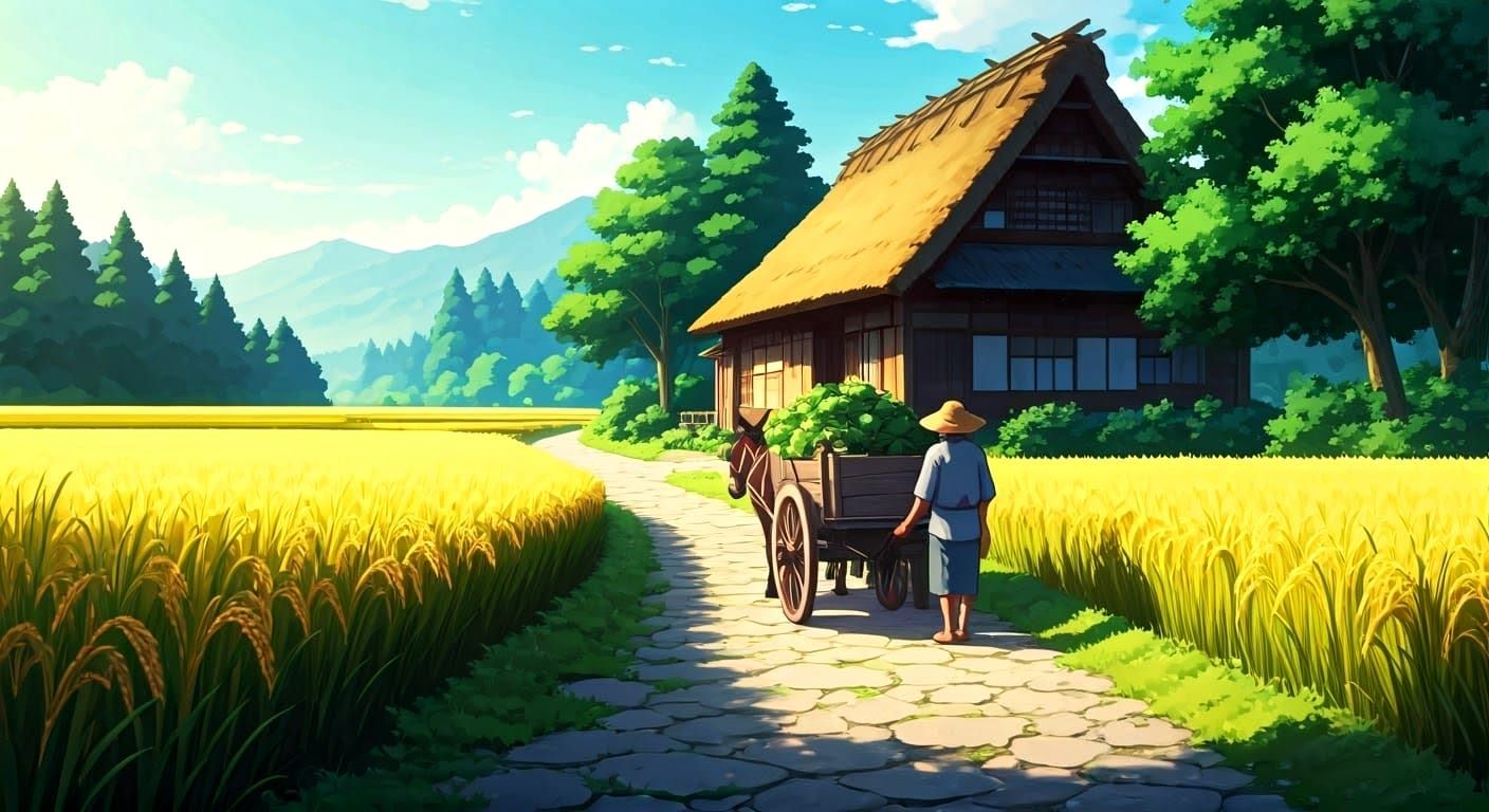 Traditional Japanese Scene of Village Life in Ukiyo-e Style