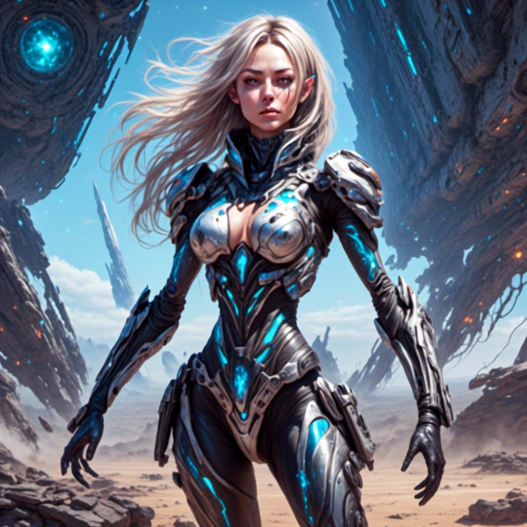 <lora:MeinaCafe:1.0> Beautiful female alien human hybrid ready to slay demons on a desolate planet futuristic spacecore