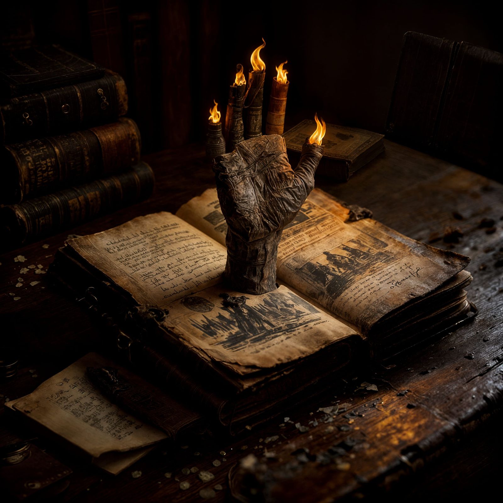 Hyperrealistic Oil Painting of Ancient Journal and Skull
