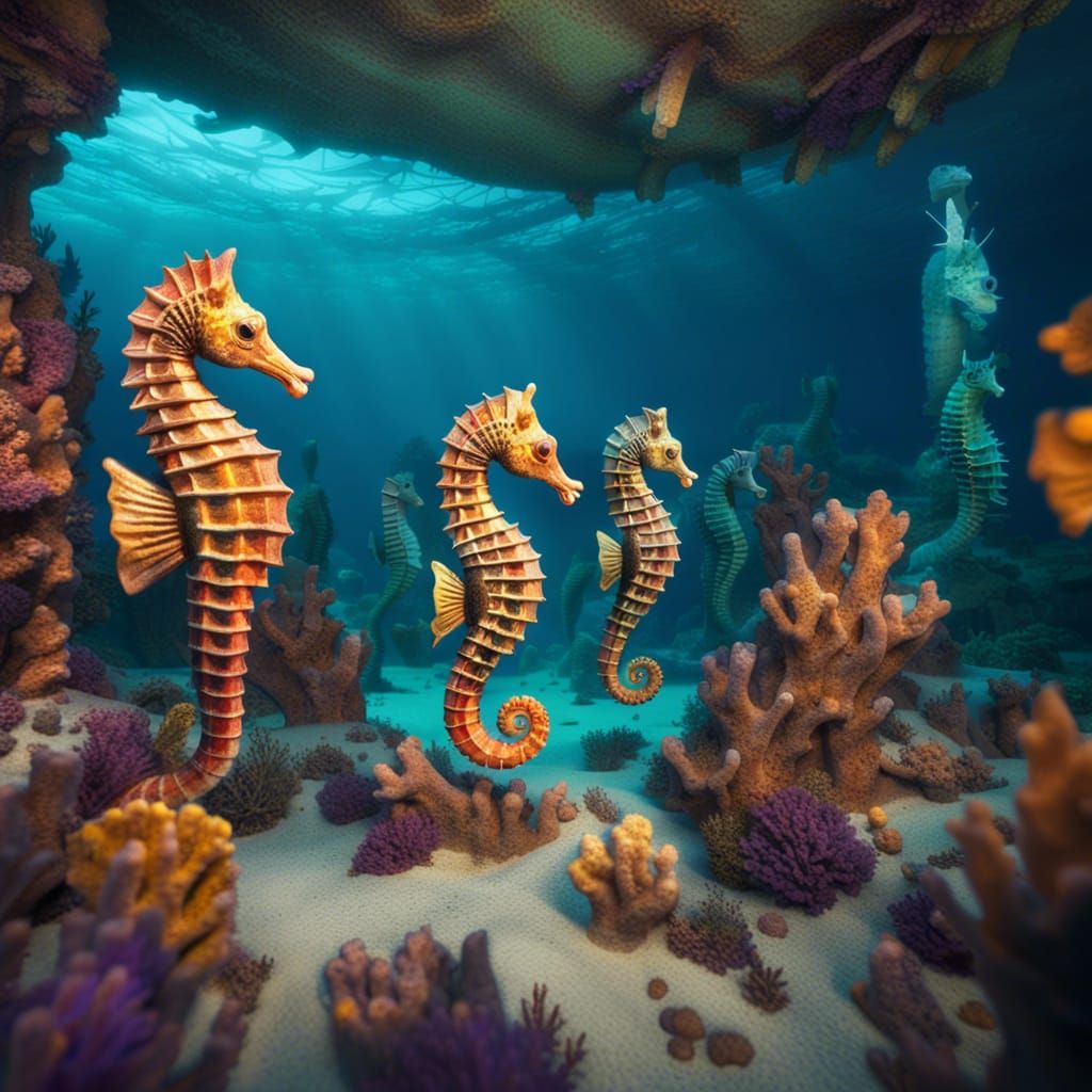 Colorful Seahorses Swim Amidst Sunken Greek Statues in Photo...