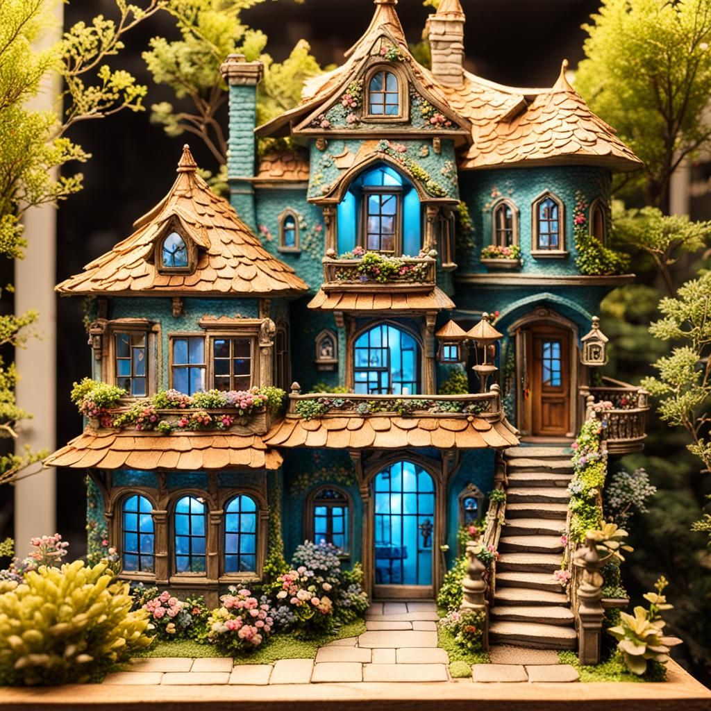 Detailed Two-Story Fairy House in Cool Colors
