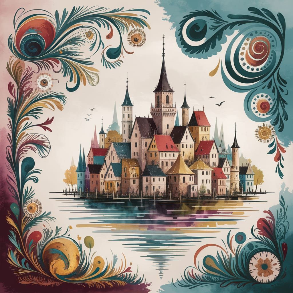 Medieval City in Dark Folk Art Style