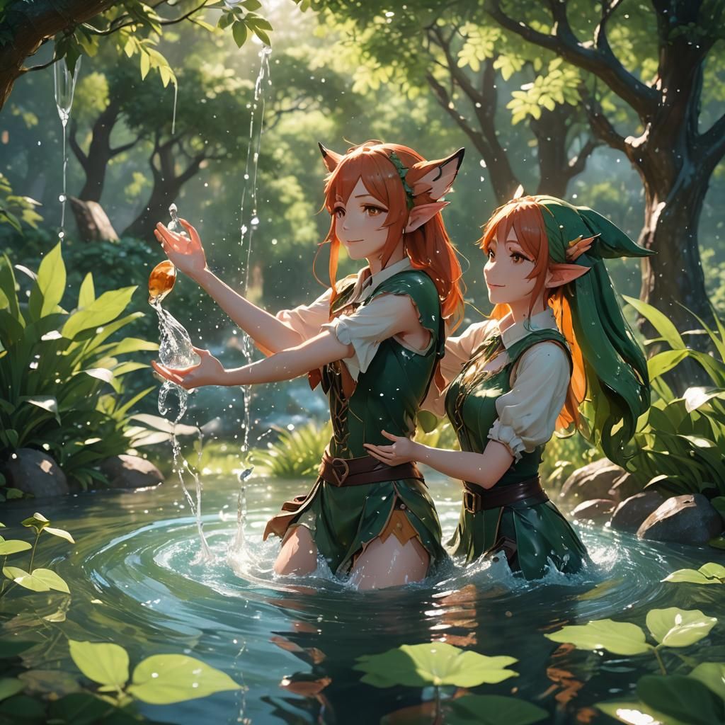 Surreal Anime Vixen and Elf Engage in Mirthful Water Play