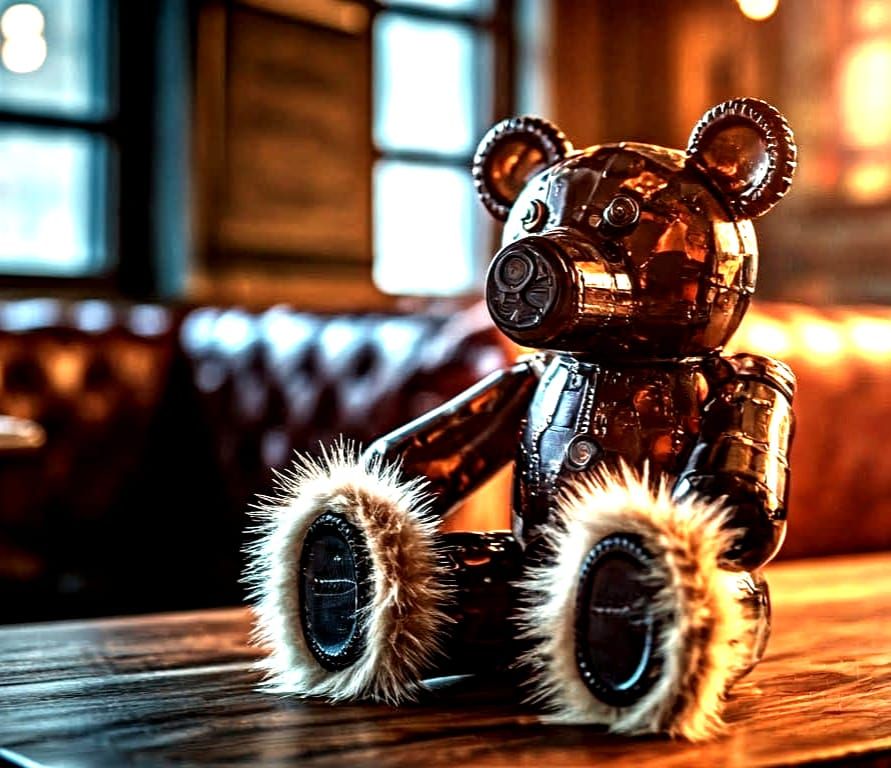 A Beer Bottle Bear Sits Among Friends in a Cozy Pub