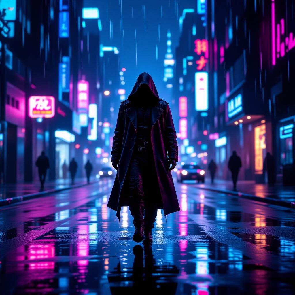 Cyberpunk Figure in Neon Rain, Cinematic 4K
