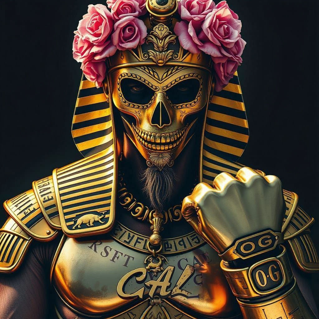 Man in Egyptian Armor with Day of the Dead Mask and Gold Acc...