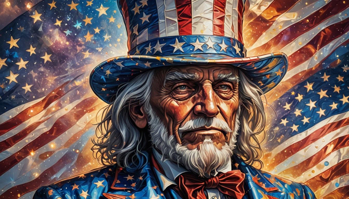 Patriotic Portrait of Uncle Sam in Holographic Cosmic Style