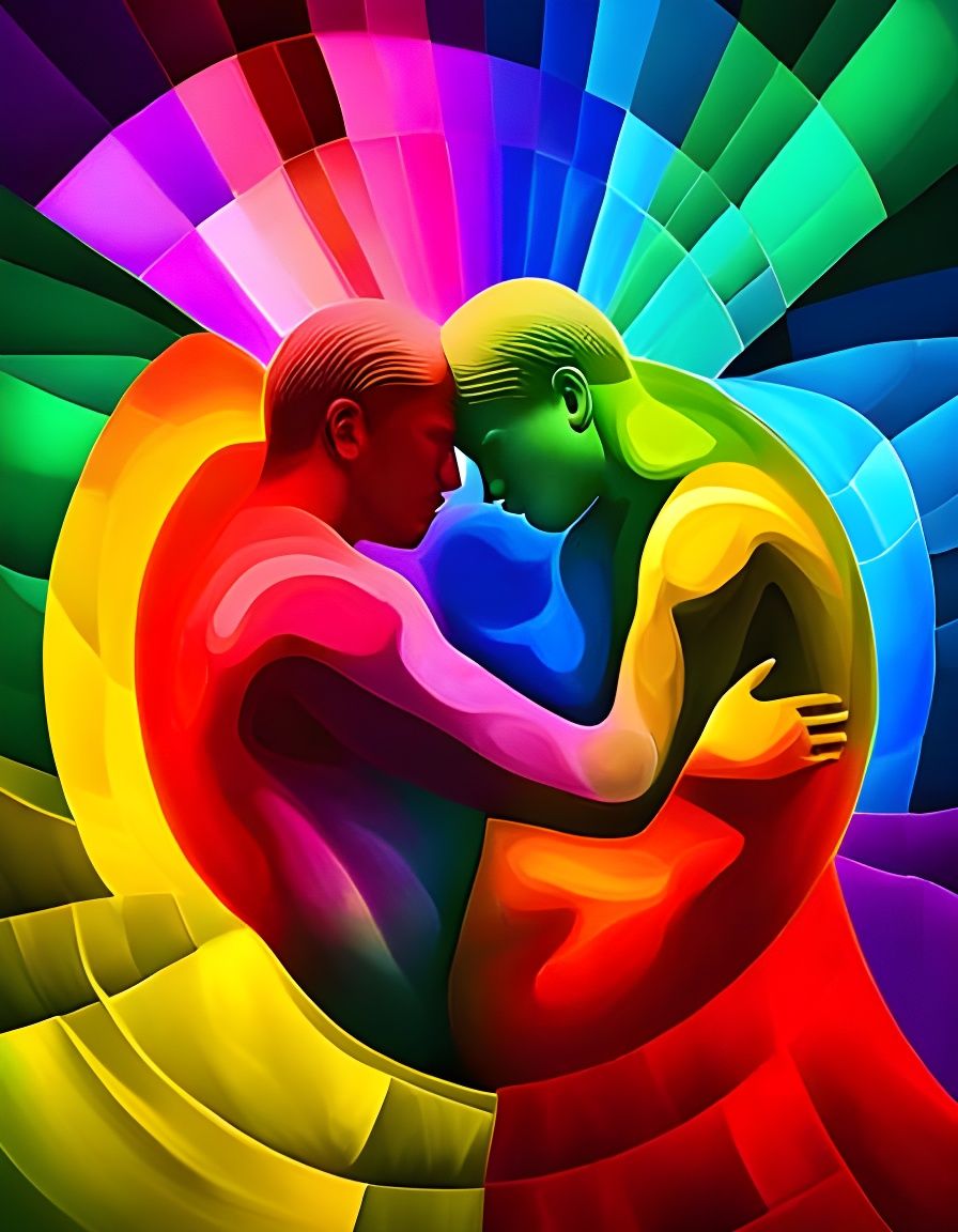 Rainbow Surrealist Embrace in Abstract Mixed-Media Collage