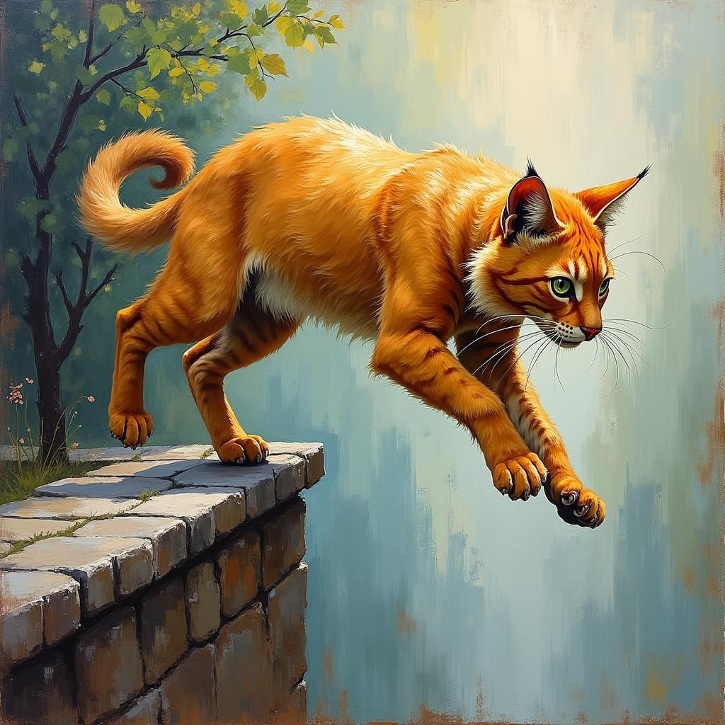 Regal Cat Leaping in Impressionist Landscape