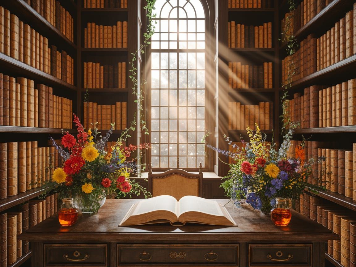 Enchanting Vintage Library Interior with Sunlit Bookshelves
