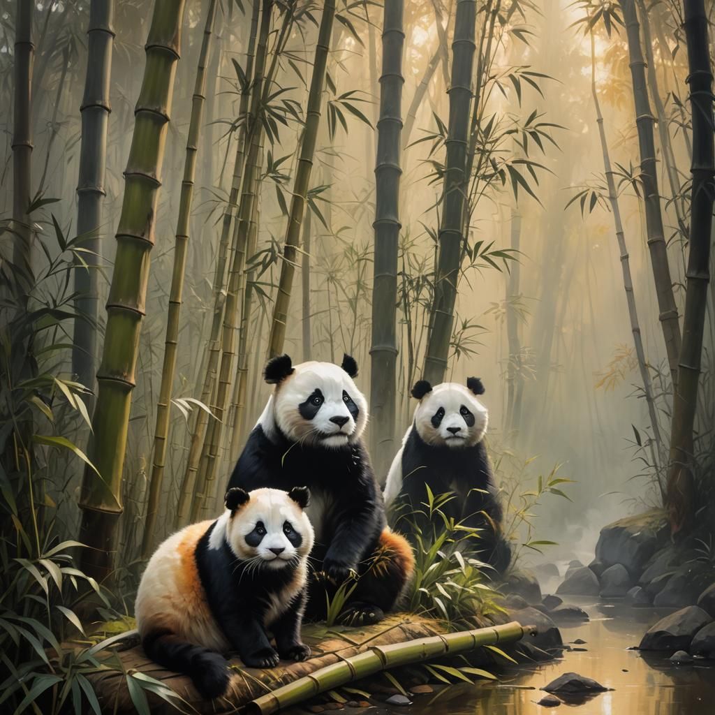 Panda in Serene Forest Atmosphere, Oil Painting