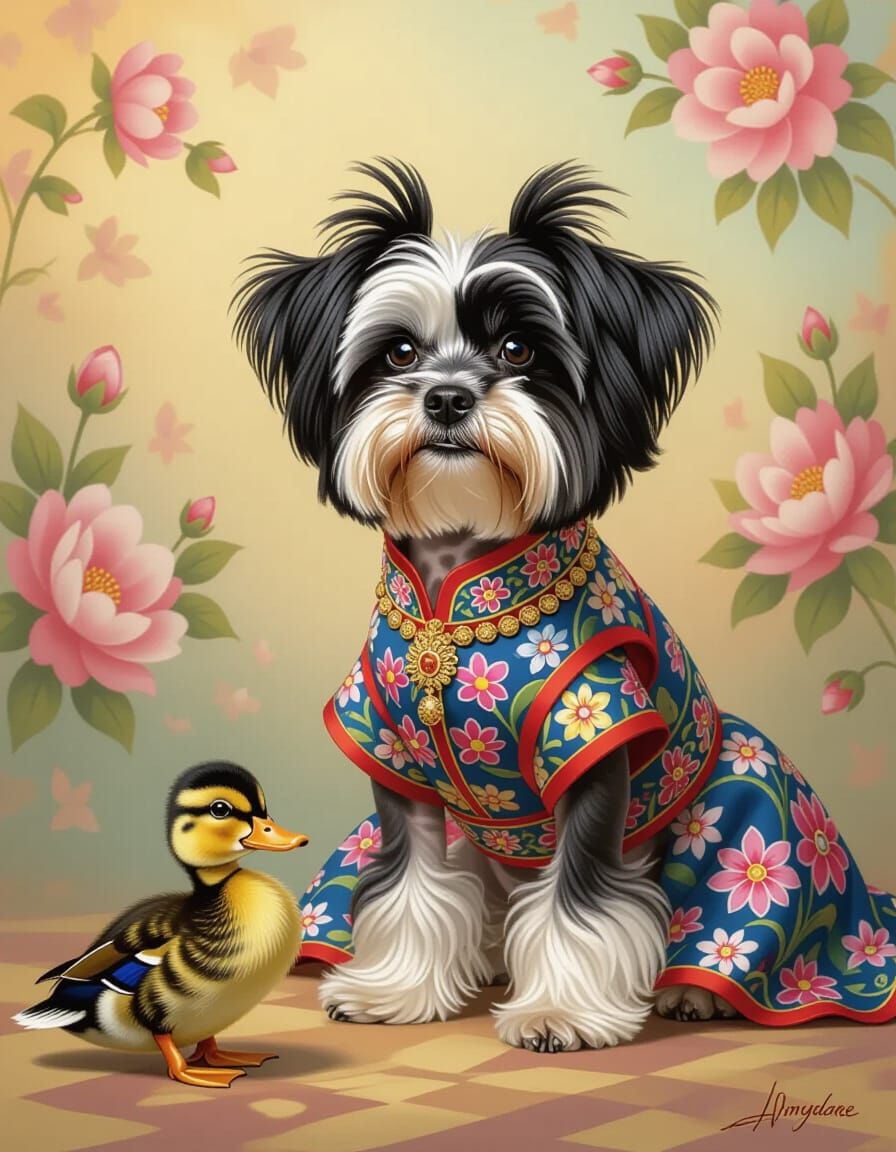 Chinese Crested Dog Portrait in Floral Dress with Duckling