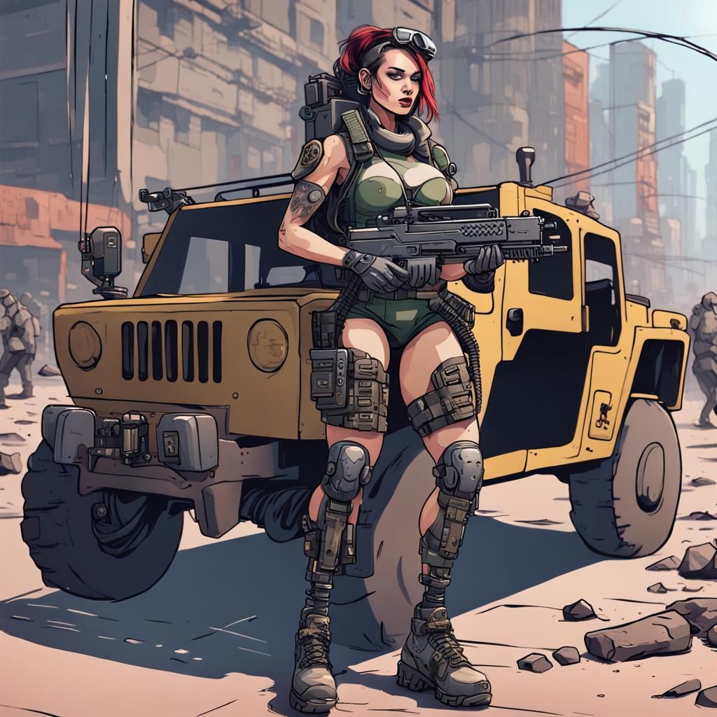 Cyberpunk Female Soldier Fights City Riots with Robotic Legs