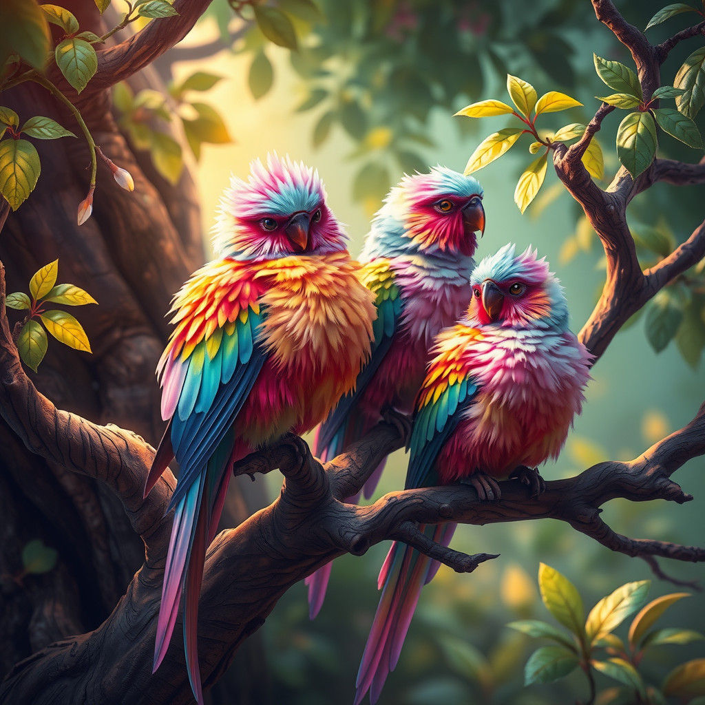 Whimsical Rainbow Birds in Dreamlike Landscape