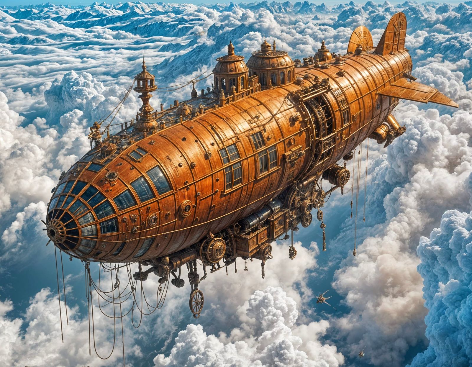 Ethereal Steampunk Airship Soars Through Clouds in Vibrant C...