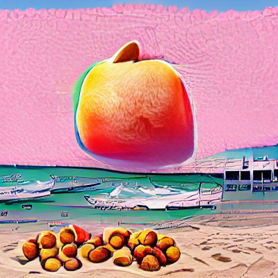 Surreal Beach Scene with Ripe Peaches