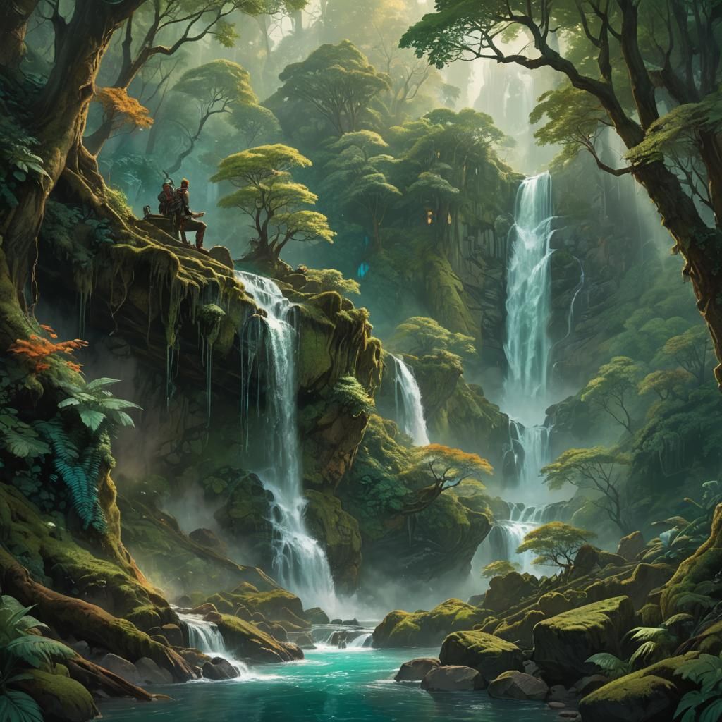 Lush Forest Waterfall in Vibrant, Iridescent Hues