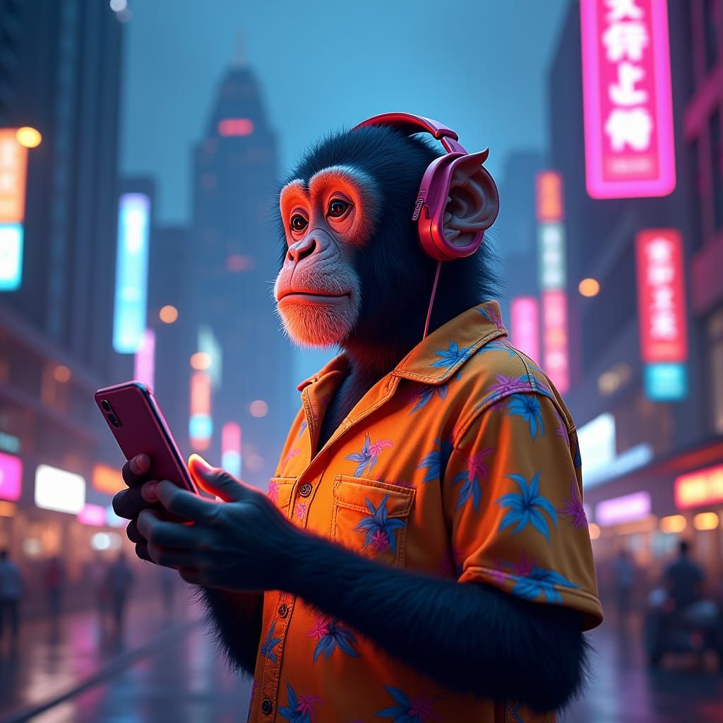 Vibrant Monkey Portrait in Neon Cityscape with Retro Headpho...