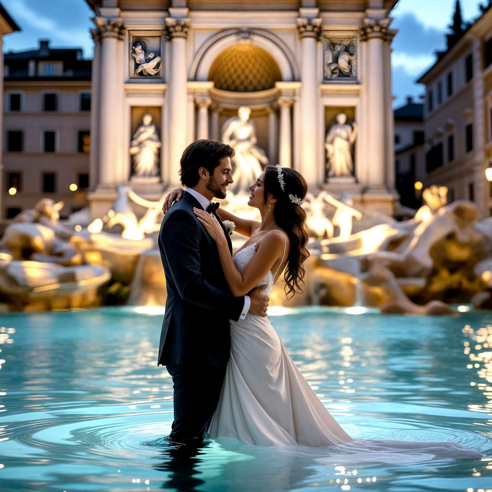 Romantic Newlyweds at Trevi Fountain, Photorealistic Style