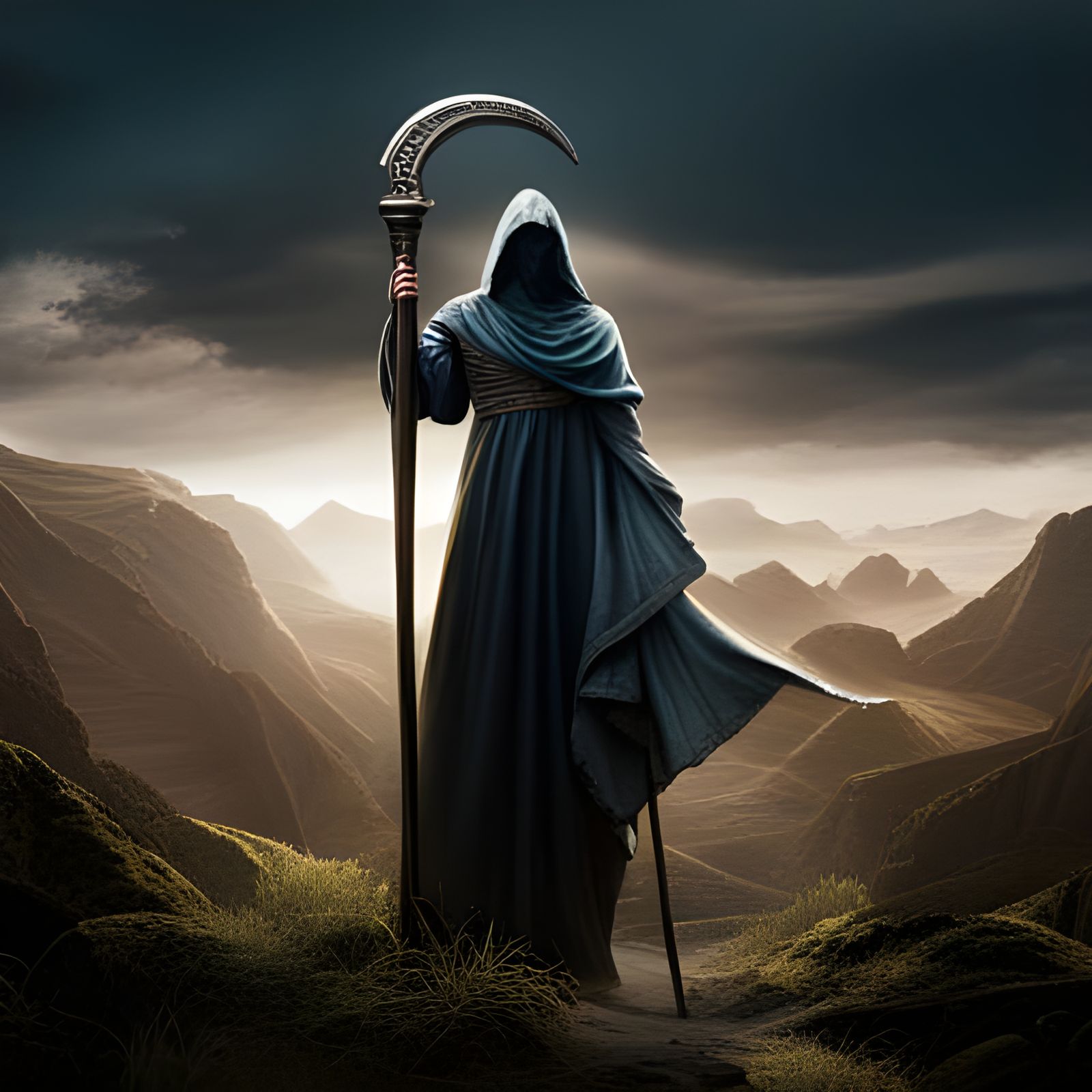 Ethereal Figure Wields Scythe Amidst Mysterious Landscape in...