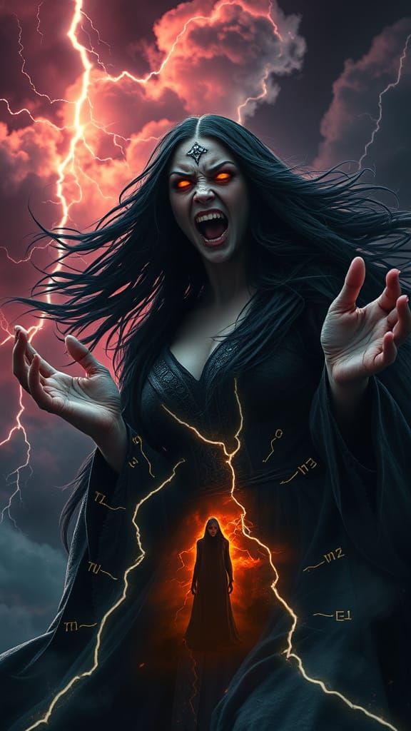 Dark Goddess Witch in the Heart of a Violent Storm