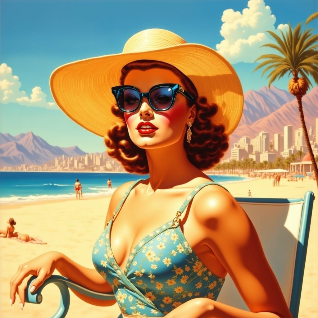 Glamorous Retro Beach Babe Poses in 1950s Style