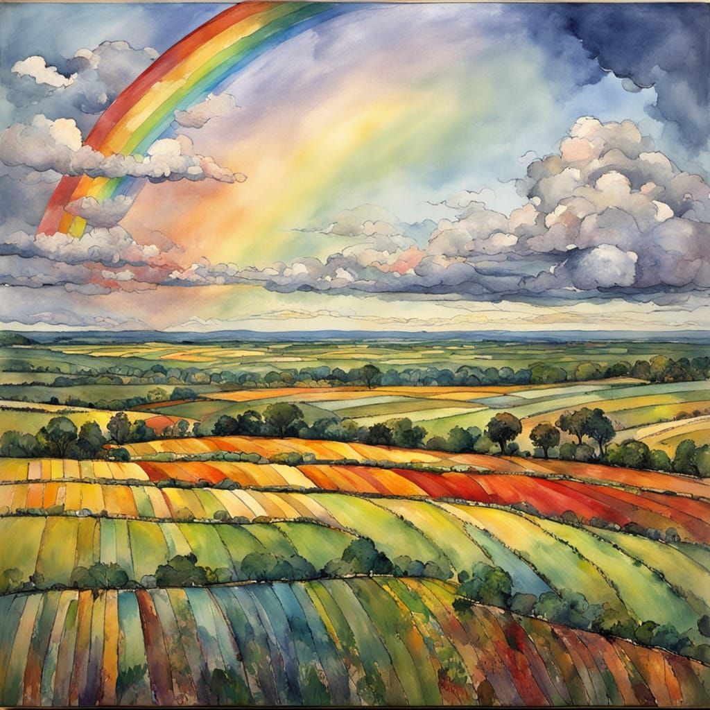 Vibrant Plantation Scene with Distant Rainbow