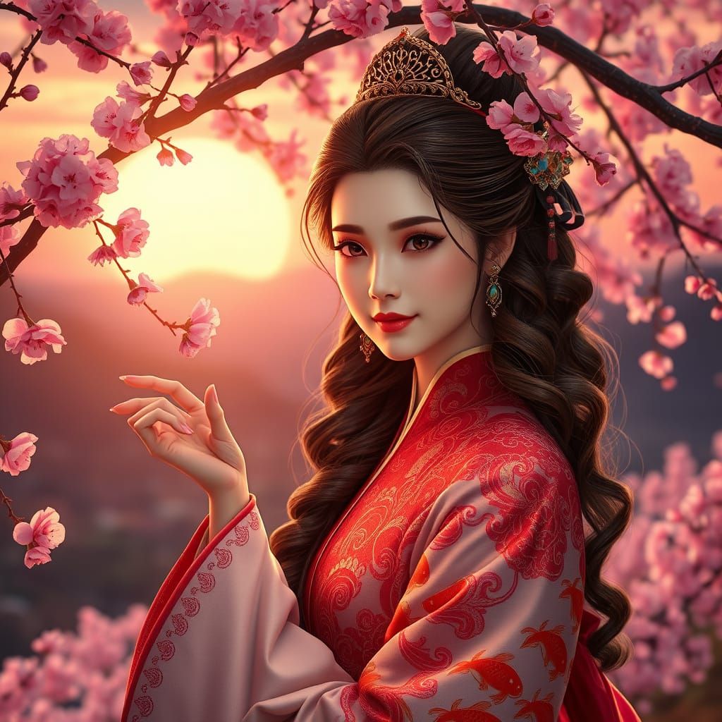 Regal Noble Lady in Cherry Blossom Paradise