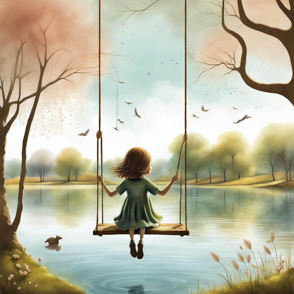 Whimsical Springtime Swing Scene in Vibrant Watercolor Style