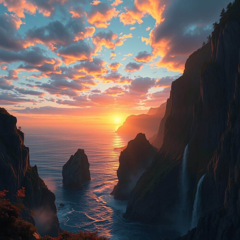Ethereal Pacific Coast at Sunset in Vibrant Matte Painting S...
