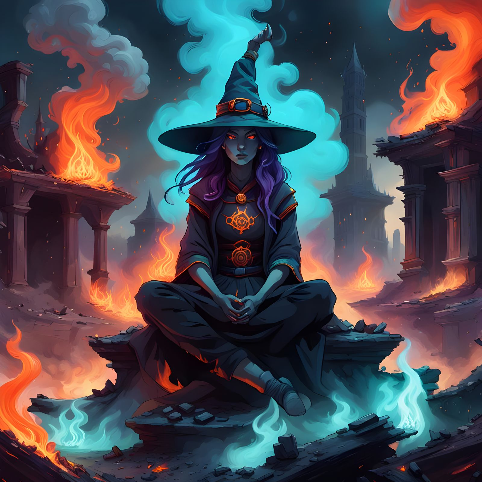 Mysterious Witch Meditates Amidst Burning Cityscape in Cyber...