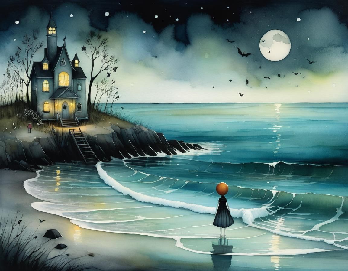 Surreal Beachscape at Twilight: Whimsical Illustration with...