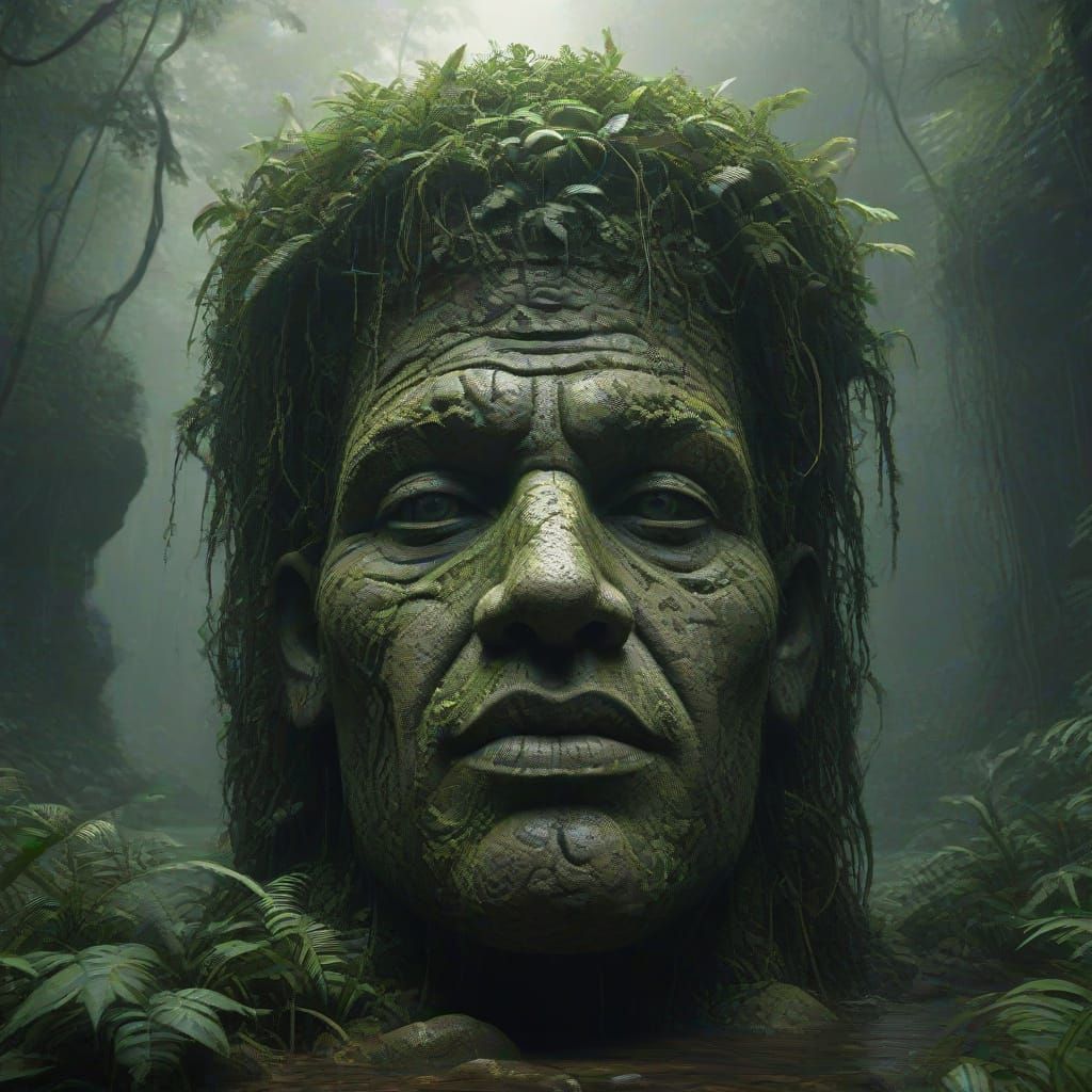Ancient Stone Head in Misty Jungle - Concept Art