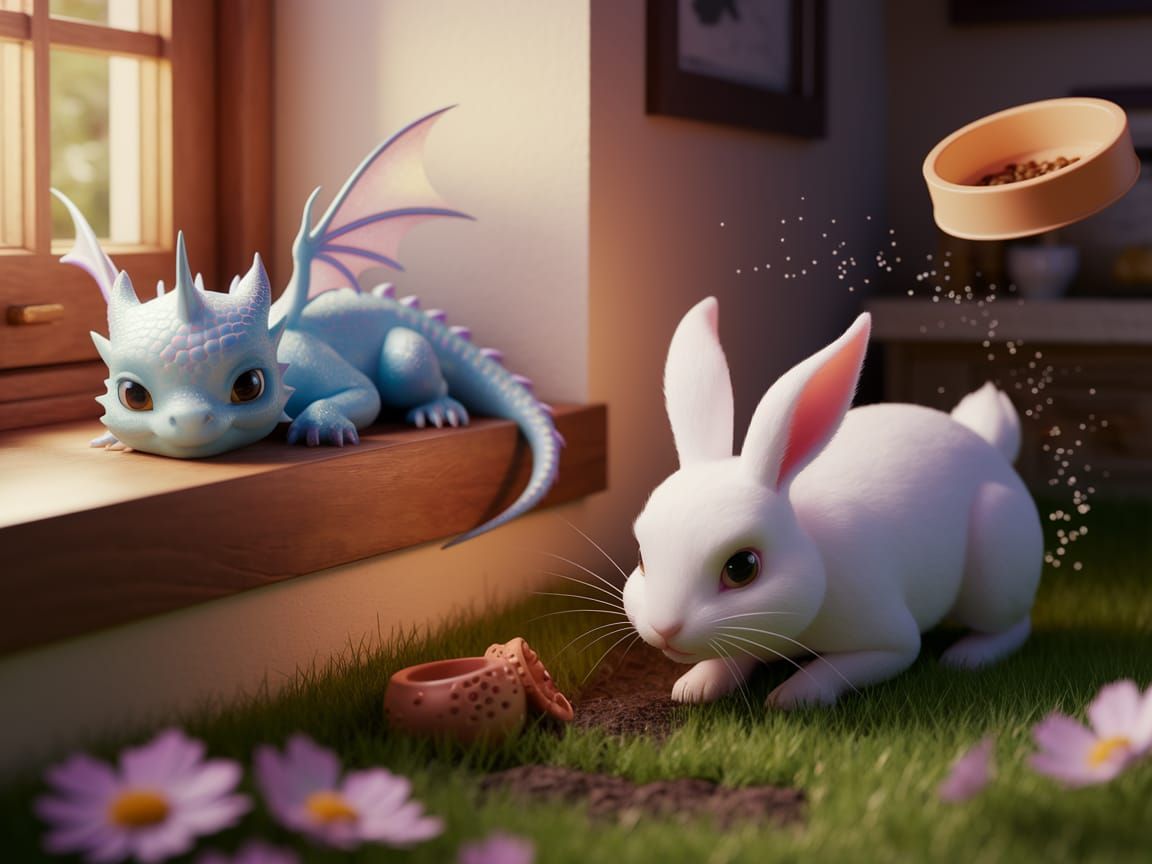 Whimsical Fantasy Pets in Cozy Domestic Scene