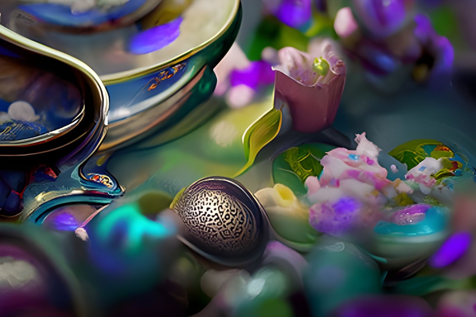 Whimsical Niobium Clock Teapot Surrealist Scene in Maximalis...