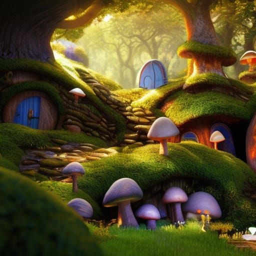 Enchanted Mushroom Hobbit Hole in Vibrant Summer Forest