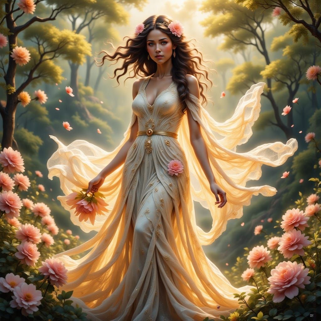 Goddess in Crochet Dress Amidst Blooming Garden