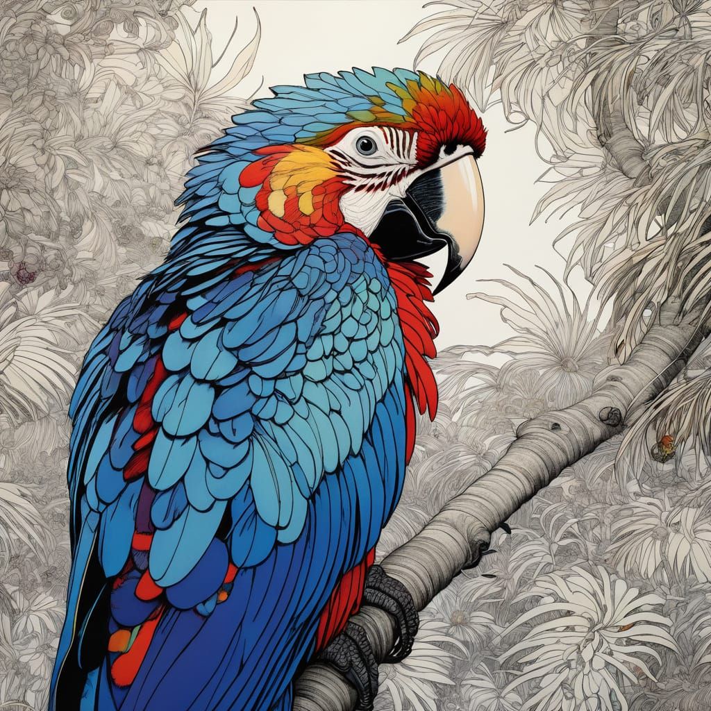 Stunning Macaw Portrait in Whimsical Art Nouveau Style
