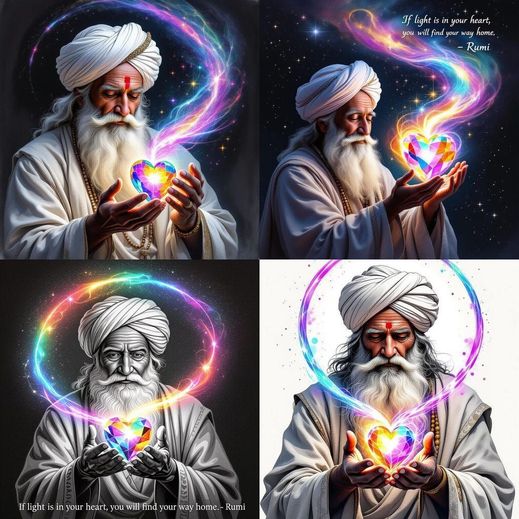 Elderly Sage Holds Glowing Gemstone Heart