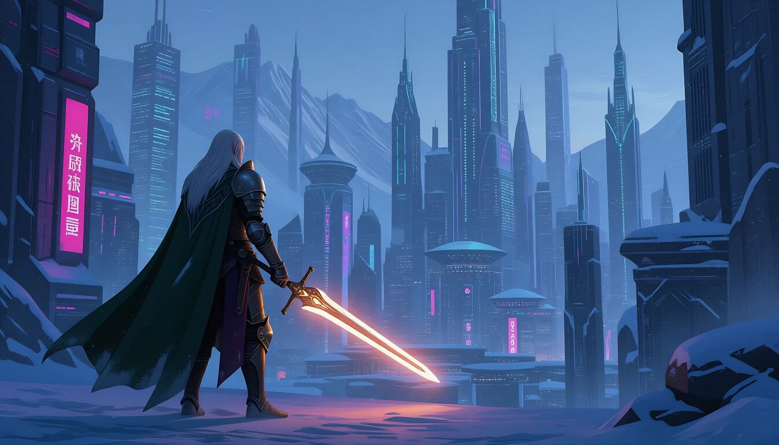 Elven Knight Guarding Futuristic City in Matte Painting Styl...