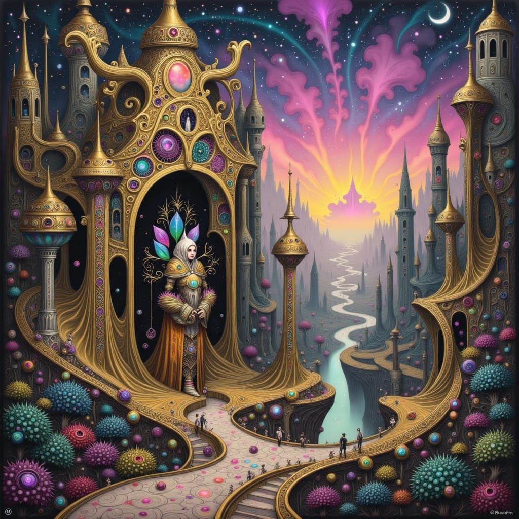 Ethereal Asgard Realm with Golden Armor, Digital Art