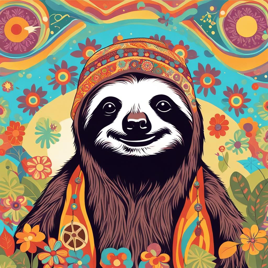 Far-Out Sloth in Psychedelic Hippie Groove