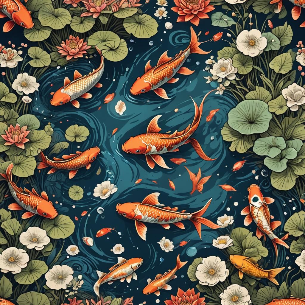 Vibrant Koi Gather in a Serene Linocut Garden