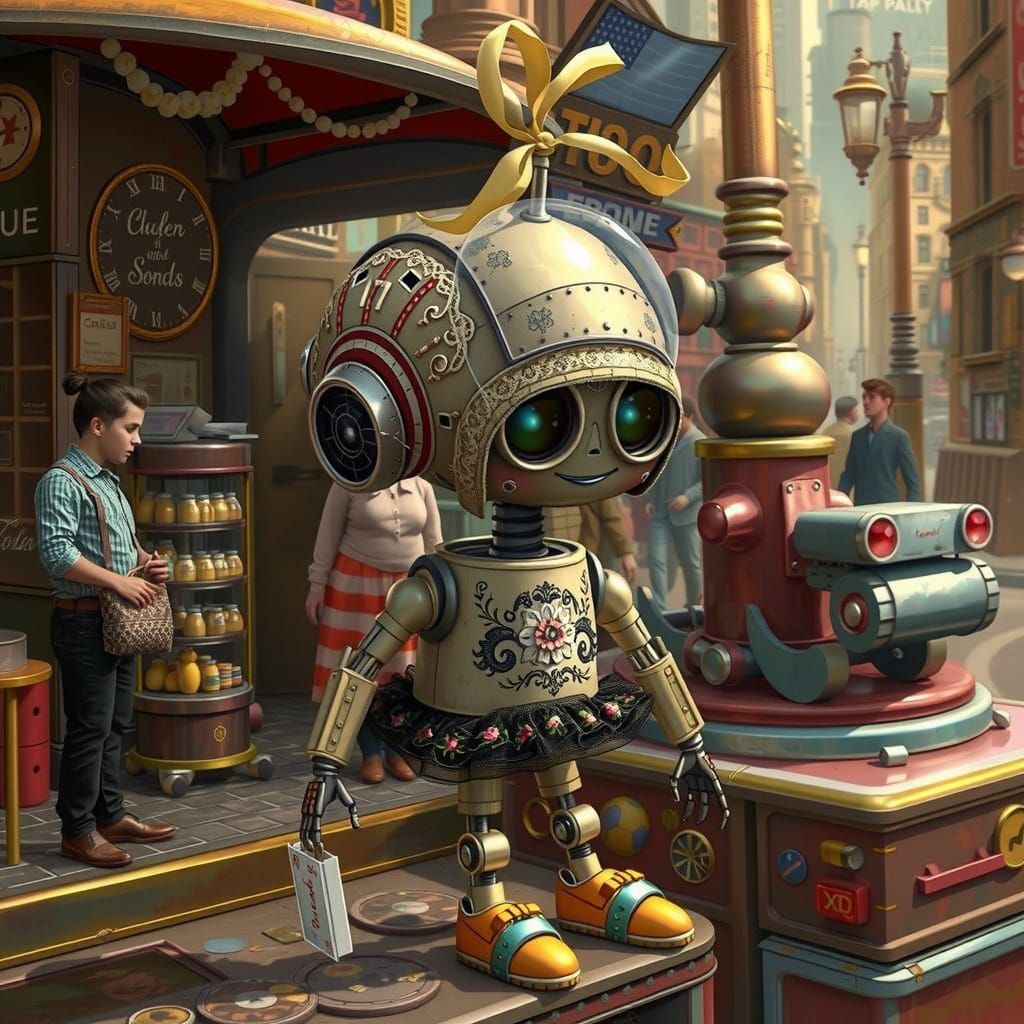 Robot in Vibrant Tutu Explores Futuristic City Square