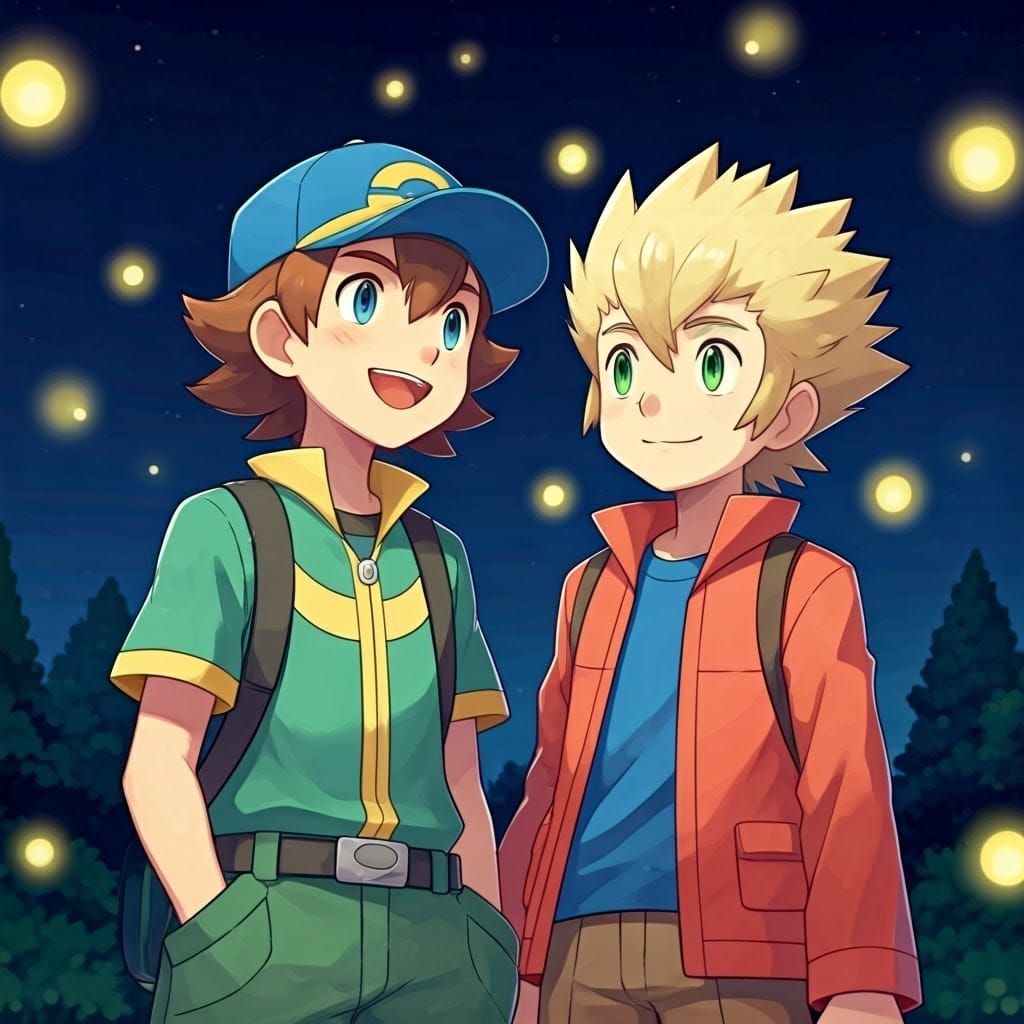 Pokémon Trainers Watch Fireflies in the Night Sky
