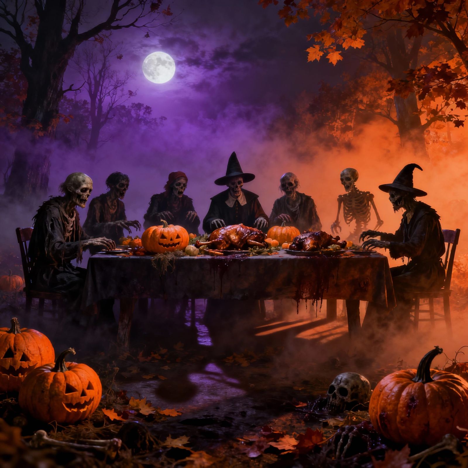 Zombie Pilgrim Harvest Feast Under Ethereal Moonlight